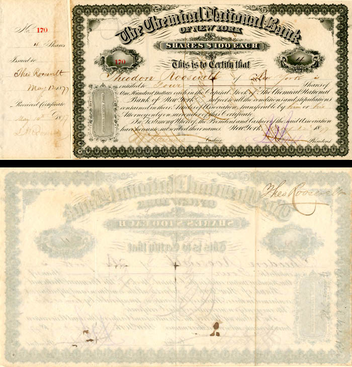 Chemical National Bank of New York signed by Theodore and Jas. A. Roosevelt